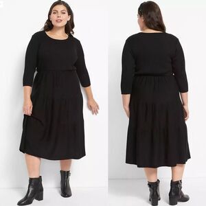 NWT Lane Bryant Tiered Ribbed Sweater Midi Dress Black 3/4 Sleeves Plus Sz 26/28